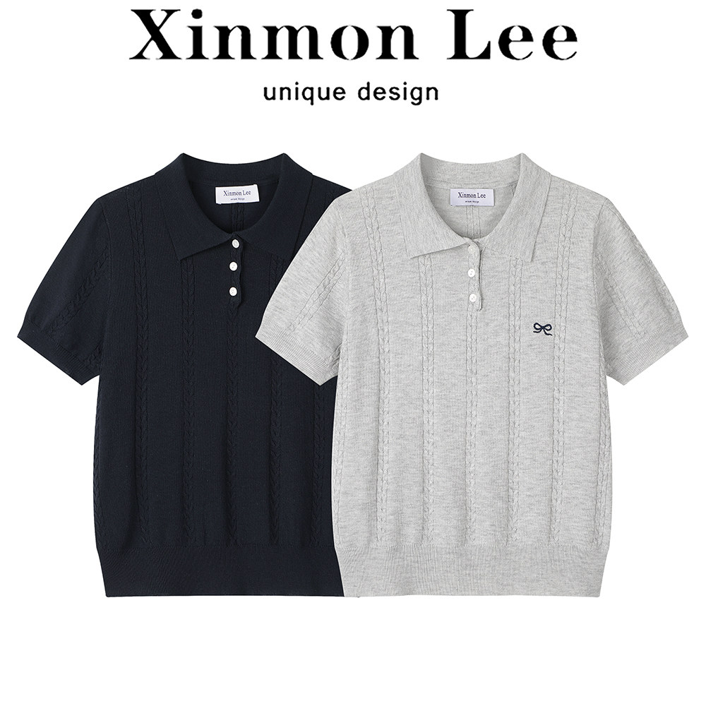 XinmonLee气质休闲复古短袖毛针织衫夏季蝴蝶结刺绣韩版T恤显瘦女