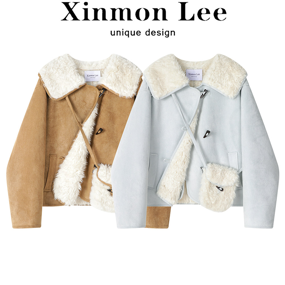 XinmonLee今年流行大翻领皮毛一体外套冬季羊羔绒韩系牛角扣棉服