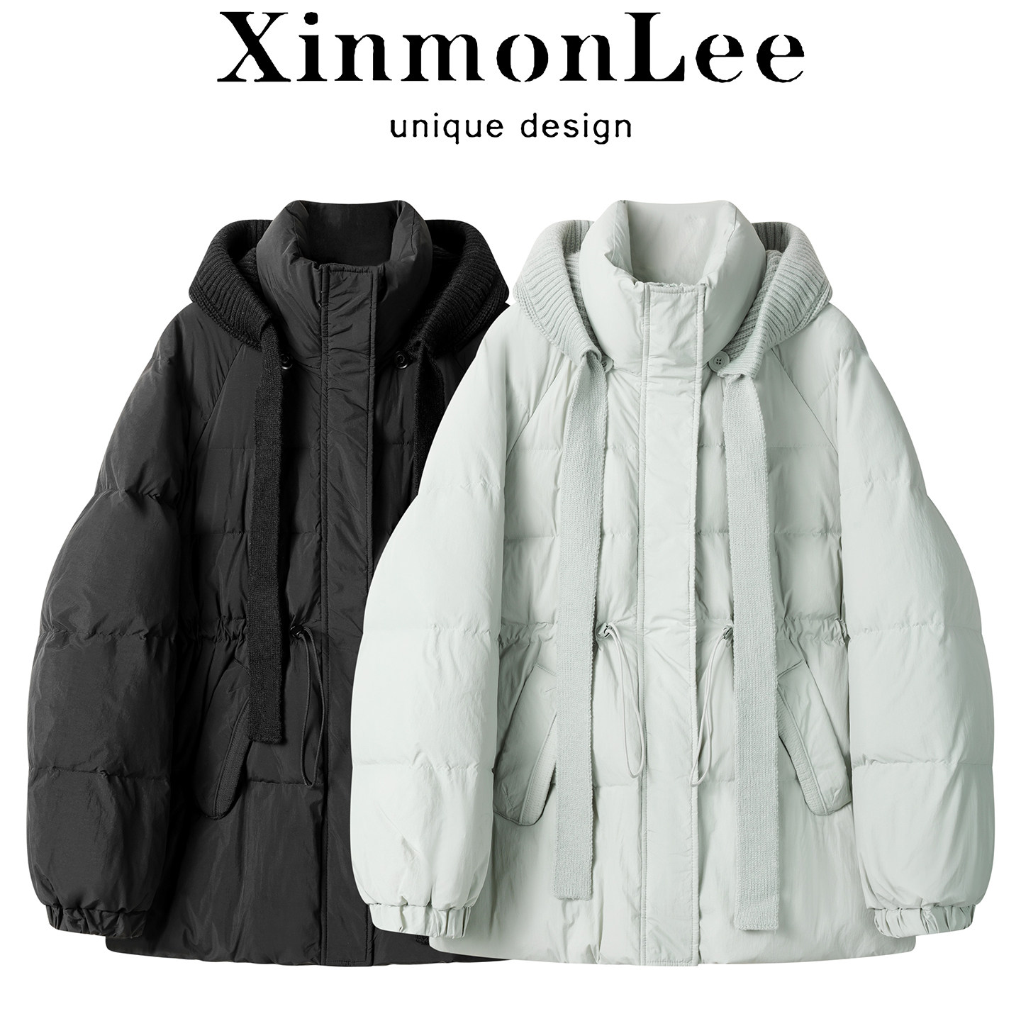 XinmonLee冬季连帽可拆卸收腰设计羽绒服韩系减龄宽松面包服外套