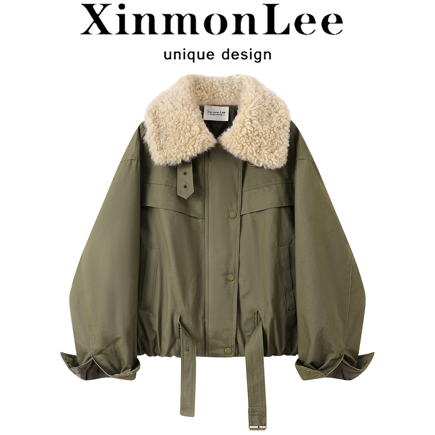 XinmonLee韩系小个子羊羔毛领冬季保暖派克服短款外套工装风棉服