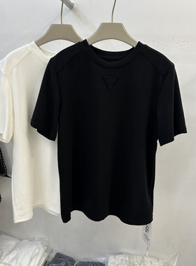 韩式慵懒宽松圆领短袖T恤女2026夏季立体三角形百搭显瘦黑色上衣