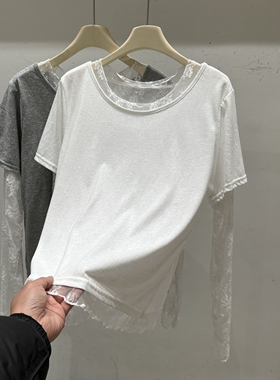 蕾丝拼接假两件长袖T恤女2026新款韩版圆领显瘦百搭打底衫春上衣