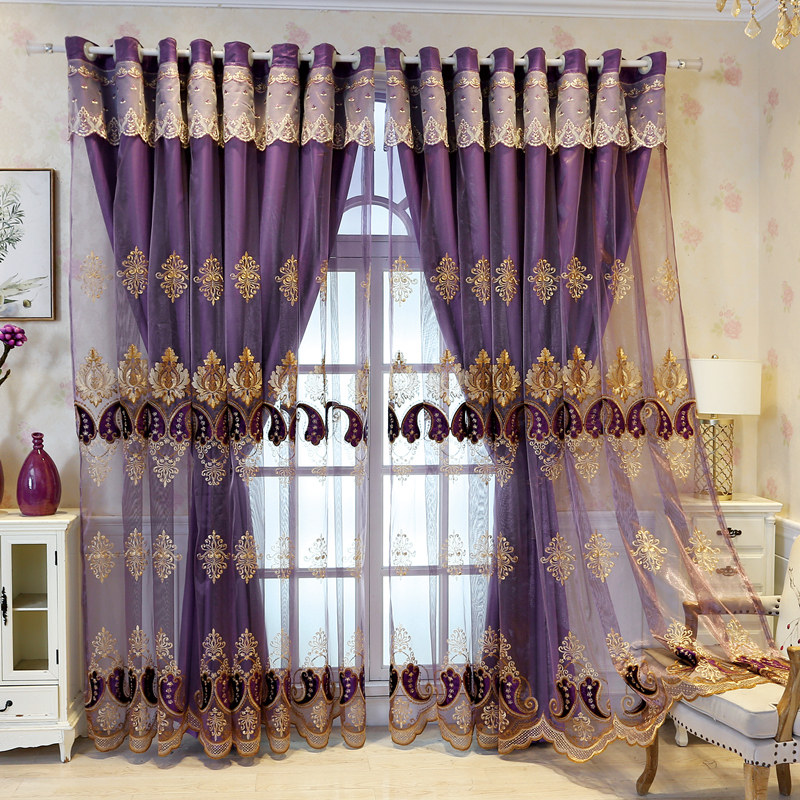 欧式双层绣花窗帘高档布纱一体简约现代客厅卧室遮光成品落地阳台