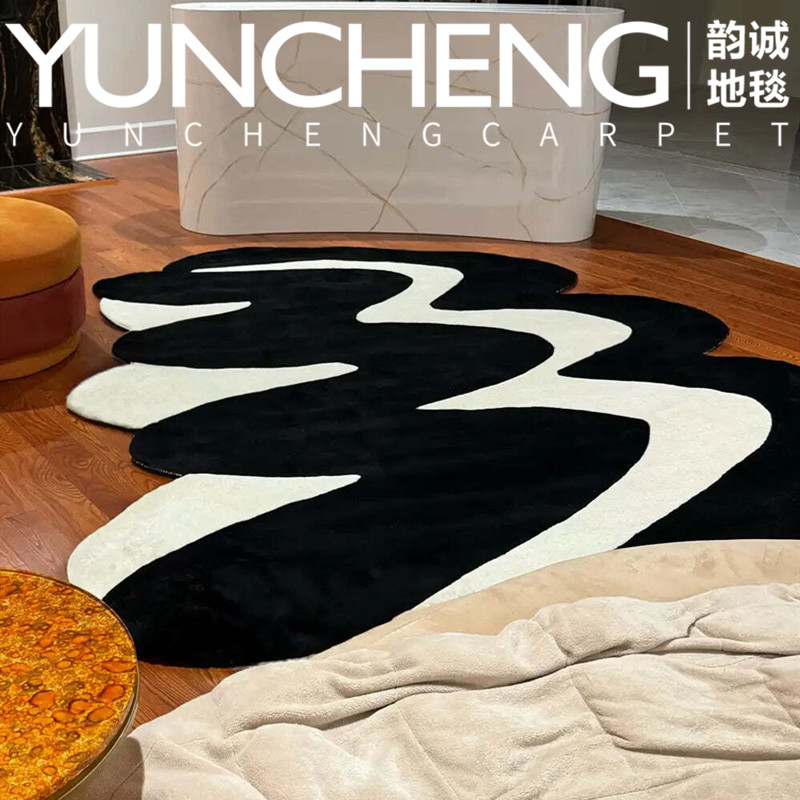 欧美轻奢风黑白大波浪纹客厅茶几地毯设计师卧室书房衣帽间床边毯
