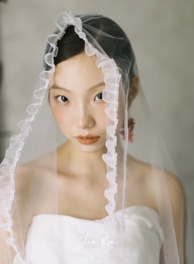法式复古蕾丝花边短款新娘主婚纱结婚婚礼求婚领证登记头纱头饰
