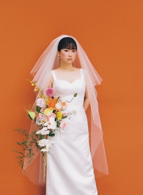 新娘结婚婚纱长款双层简约遮面造型头饰摄影拍照造型高级样片硬纱