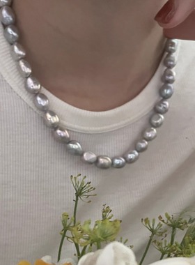 秋冬经典质感真多麻灰色天然巴洛克珍珠小众925银时髦项链毛衣链