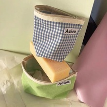 自制韩国ins同款aeiou格子化妆包收纳包零钱包大容量迷你化妆包