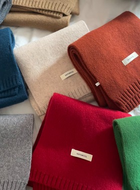 韩系澳洲100%纯绵羊毛新年红围巾纯色百搭男女冬季保暖针织围脖