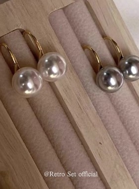 fever同款经典真多麻灰色白色施家高跟鞋珍珠耳环S925纯银耳钩