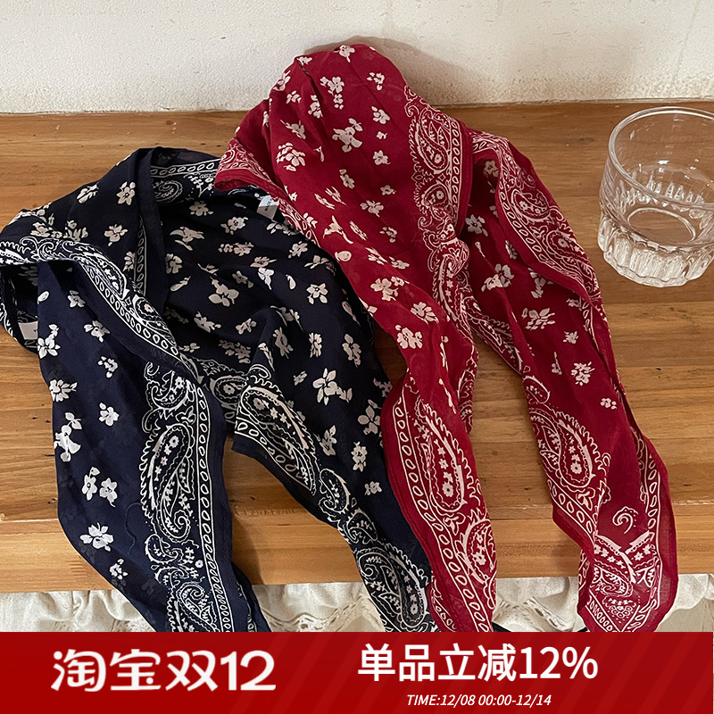 早春韩代款亚麻经典复古佩斯利腰果花菱形长巾发带多用领巾丝巾