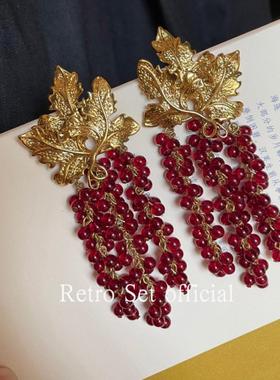 「水晶葡萄」复古油画风重工24K镀金透明天然石艺术耳环夹925银针