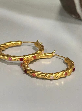 Retro钟楚曦同款麻花金色圈圈耳环2025油画蔷薇复古法式耳环耳饰