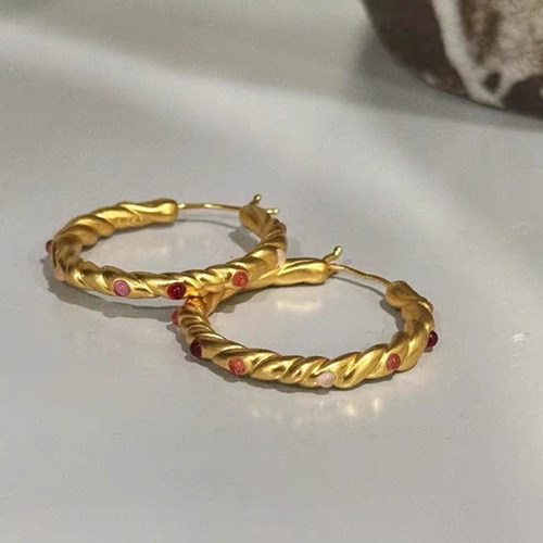 Retro复古法式麻花金色圆圈耳环