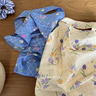 RetroSet原创 复古浪漫纯棉格子单肩包收纳包休闲ins风 郁金香