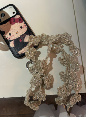 手作小织物fever同款编织银包手机绳银色包芯花朵手机链手机背带