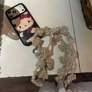 编织银包手机绳银色包芯花朵手机链手机背带 手作小织物fever同款
