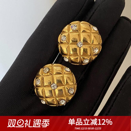 2021新款中古vintage小香风高级感金色格纹圆形925银针耳钉耳夹