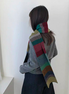 Retro“彩虹糖围巾”全羊毛针织25冬护颈多巴胺彩色条纹围脖披肩