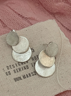 泰国手工小众文艺古朴通体925银三层圆片几何圆形叠片拉丝耳环女