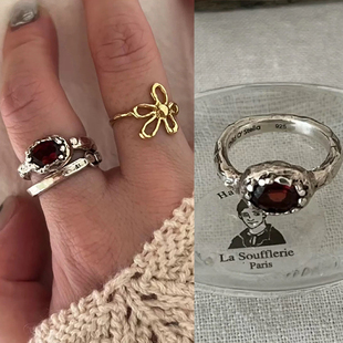 定制Child O'Stella纯银红宝石戒指韩国复古百搭叠戴做旧手工指环