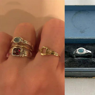 韩系小众设计mars25自制款复古手工925纯银天然蓝玉髓戒指叠戴