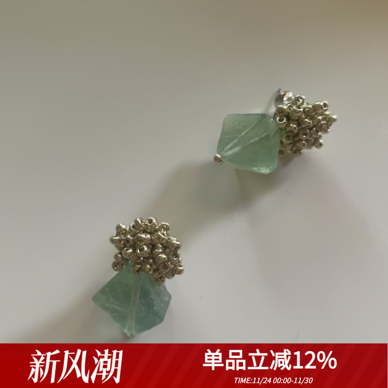 原创手作天然绿萤石串珠耳环