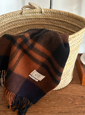 Retro秋冬限定1OO%澳洲纯羊毛南瓜色格纹围巾小众高级女百搭围巾