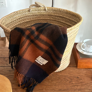 Retro秋冬限定1OO%澳洲纯羊毛南瓜色格纹围巾小众高级女百搭围巾