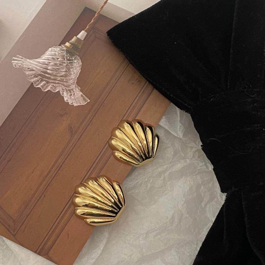 复古法式小众vintage中古定制18k金贝壳925银针耳钉耳夹小鱼同款