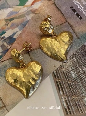 定制MERCII简约江疏影同款轻奢法国小众复古手工纹理爱心金色耳环