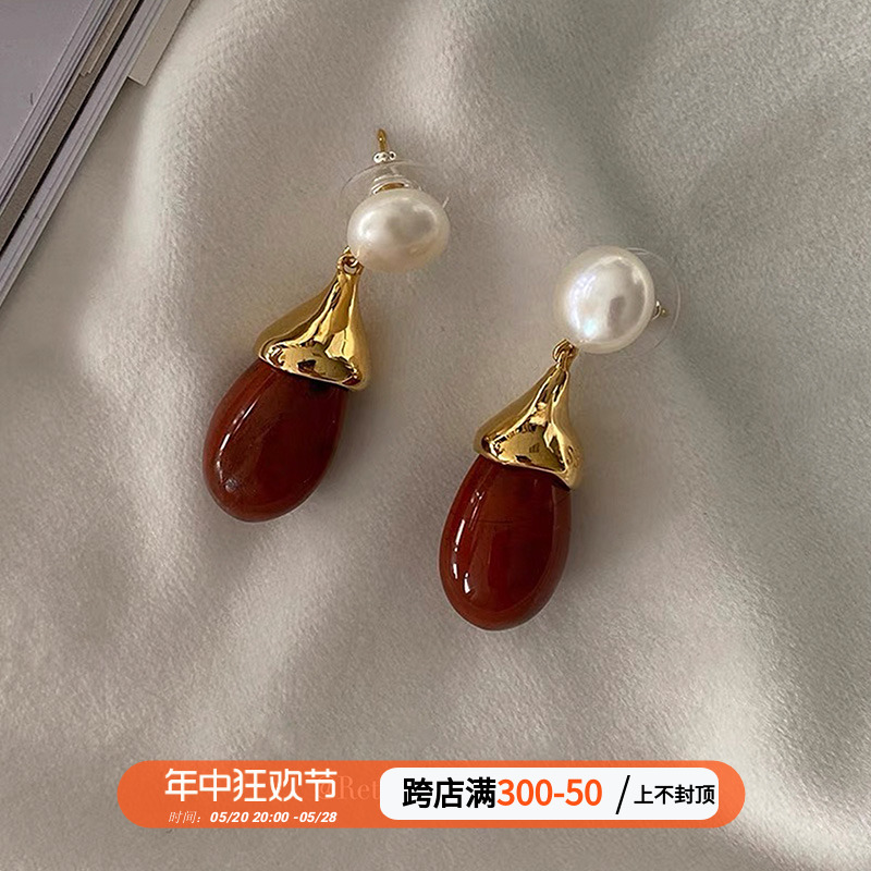 定制Sophie buhai法式小众925纯银镀18k金天然红墨玉珍珠耳环耳坠 饰品/流行首饰/时尚饰品新 耳环 原图主图