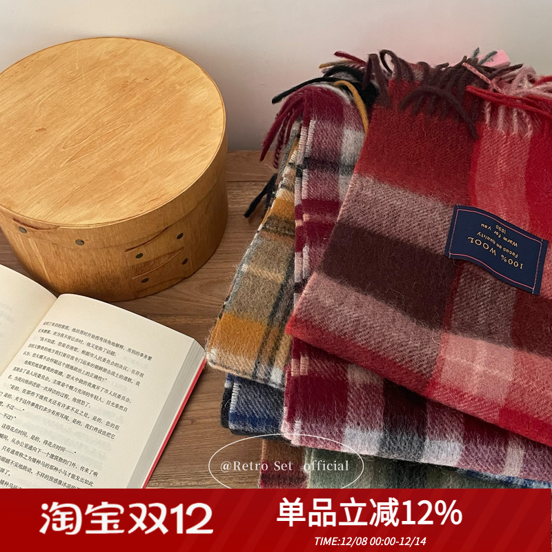 复古围巾100%羊毛格纹百搭女冬季