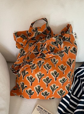 “多吃蔬菜”印度传统染色拓印棉布环保袋韩版简约百搭单肩托特包