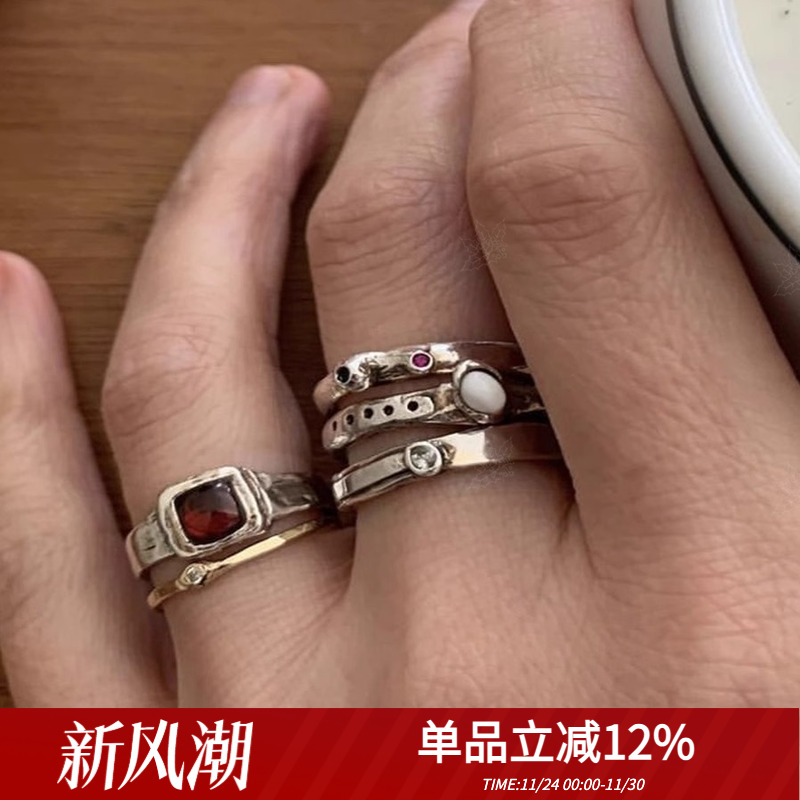 定制韩代小众mars25经典款复古纯手工纹理红宝石925纯银戒指百搭