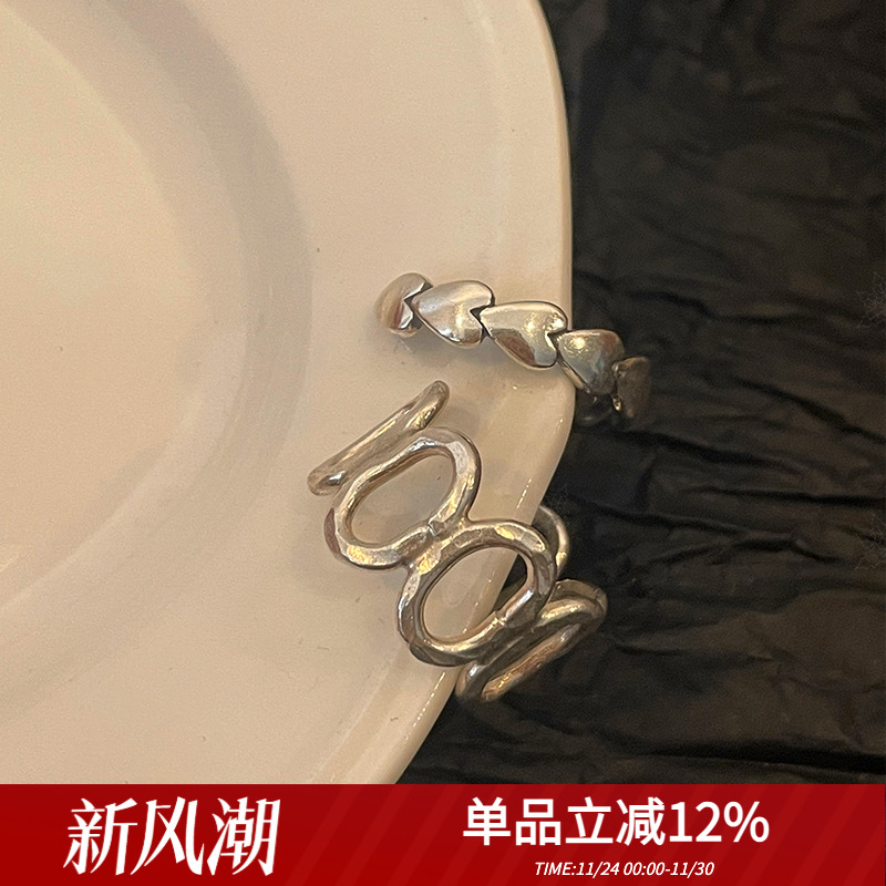 泰国纯手工s925纯银开口镂空戒指组合简约手作痕迹宽版百搭ins