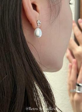 定制软山925纯银小花天然淡水珍珠水滴造型欧阳娜娜nabi同款耳环