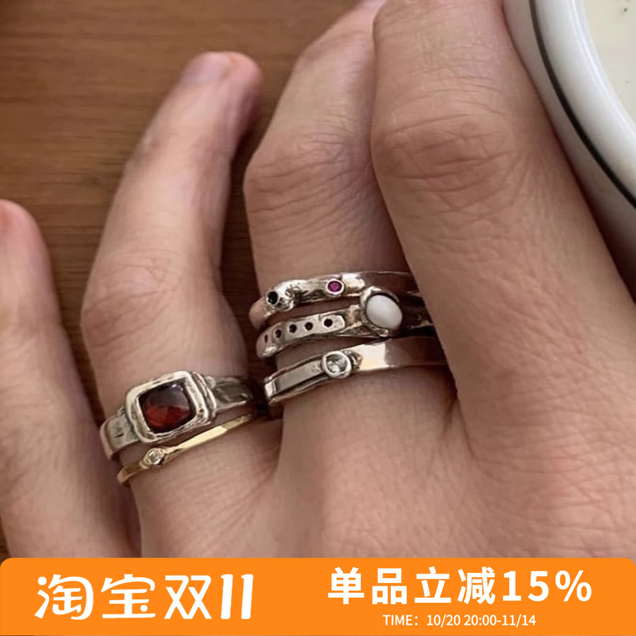 定制韩代小众mars25经典款复古纯手工纹理红宝石925纯银戒指百搭