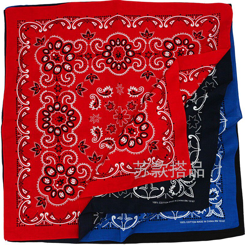 出口原单68cm复古蓝红色腰果花大方巾bandana纯棉嘻哈包头巾scarf