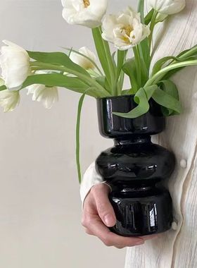 中古玻璃花瓶轻奢高级感桌面摆件客厅插花简约装饰黑色水养鲜花