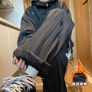 加绒裤子男户外防风宽松冲锋裤美式风防水工装裤爬山硬壳速干长裤