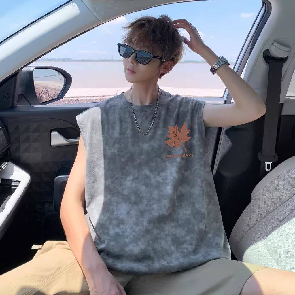 纯棉美式扎染无袖背心男夏季青少年学生宽松枫叶印花圆领坎肩上衣