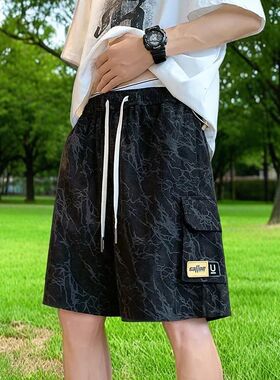 K107 扎染工装五分短裤 黑色军绿色M到5XL2026年日系潮流慵懒风