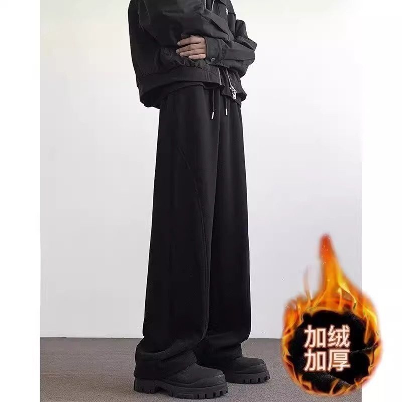 美式纯色弯刀裤加绒加厚直筒休闲裤男宽松垂感阔腿裤秋冬运动长裤