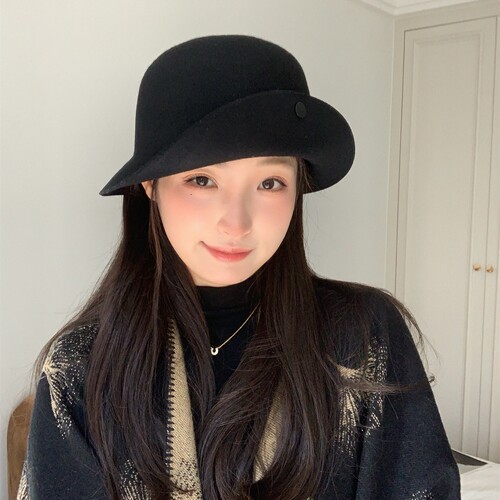 纽扣可翻檐羊毛渔夫帽女新款秋冬