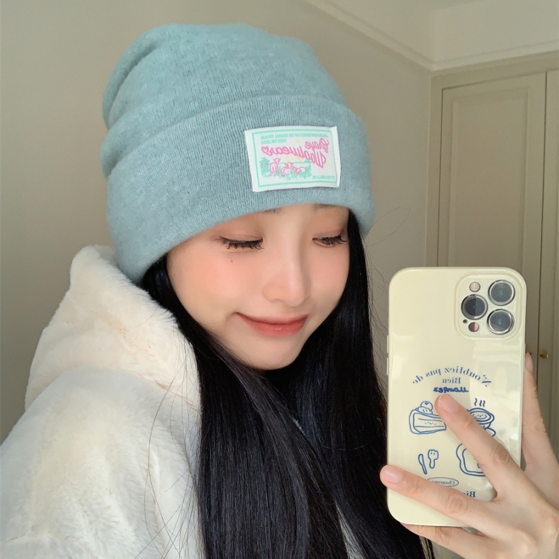 日系户外秋冬贴布堆堆针织帽女