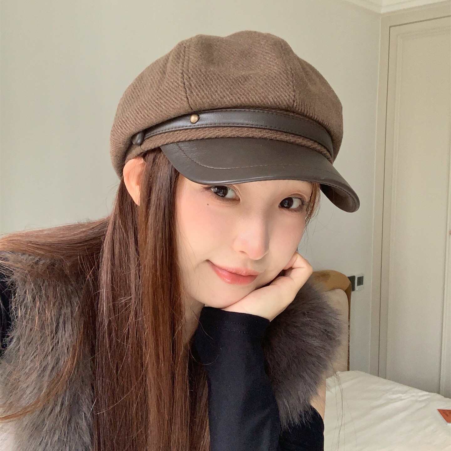 柏林秋序~新款秋冬pu皮质拼接毛呢八角帽女气质复古时尚贝雷帽女