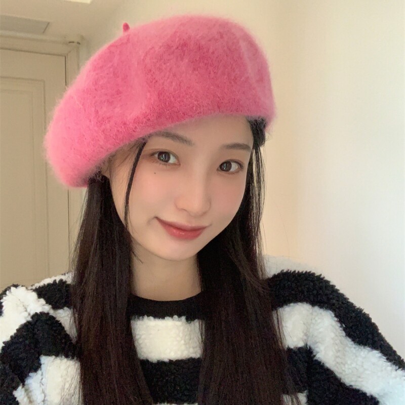 粉欲弥漫~新款兔毛毛绒贝雷帽女韩系秋冬复古气质时尚针织画家帽
