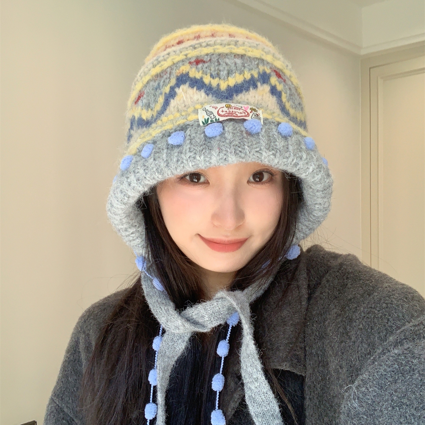 费尔岛提花复古护耳针织帽女新款秋冬保暖甜美时尚显脸小毛线帽子