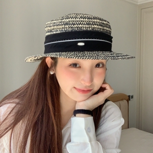海岛氧吧~新款法式气质平顶草帽女夏沙滩出游遮阳防晒透气太阳帽